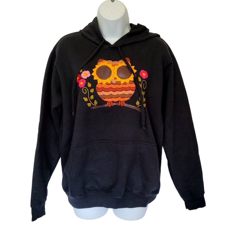 Vintage Black Hoodie Womens M Colorful Owl Embroidery & Floral Accents